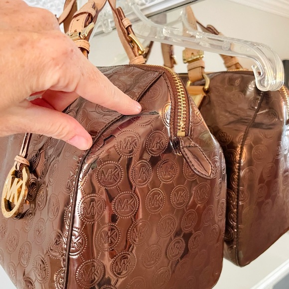 MICHAEL KORS Bronze Signature Logo Patent Leather Grayson Satchel Shoulder Bag - Picture 9 of 12